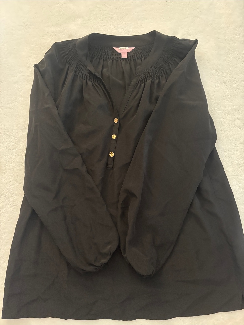 Lilly Pulitzer Black Long-Sleeve Smocked Yoke Blouse with Gold Buttons